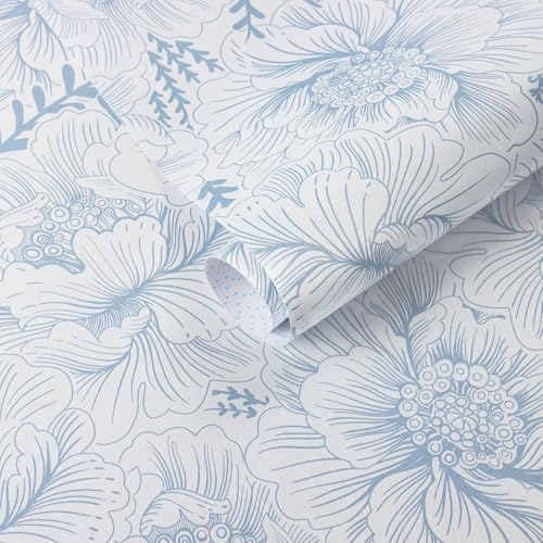 Guvana Peel and Stick Wallpaper Blue Floral Contact Paper Boho Wallpaper Modern Large Blue Flower Wall Paper for Bathroom Bedroom Living Room Accent Wall Removable Waterproof Vinyl Rolls 17.3in¡¿78.7in
