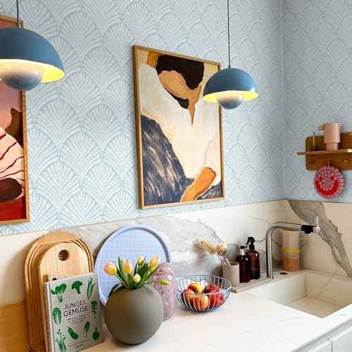 Ismoon Modern Peel and Stick Wallpaper Removable Geometric Wallpaper Boho Blue Contact Paper Leaf Self-Adhesive Decorative Wallpaper for Bedroom Bathroom Cabinets Decor Vinyl 16.1inx78.7in