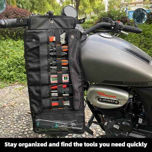 Tool Roll Organizer with Stand-up Baffle,1680D PVC Motorcycle Tool Roll Bag, Heavy duty Wrench Roll with Mesh Zipper Pocket,Roll Up Tool Bag for Motorcycle, Car, Pickup, ATV/UTV, Bicycle or Hobbyist