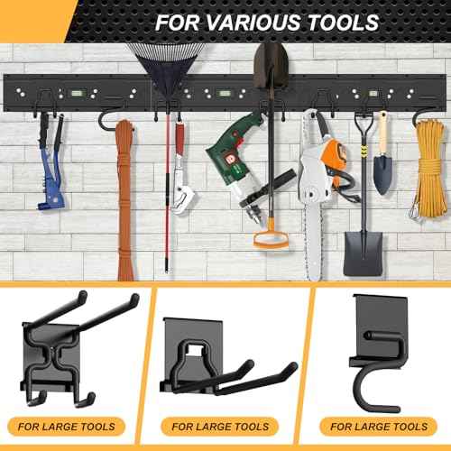 Garage Tool Organizer Wall Mounted, 48 Inches Adjustable Lawn Tool Organizers for Garage, 7 Adjustable Wall Hooks Heavy Duty Yard Tool Organizer Hold Up to 600lbs