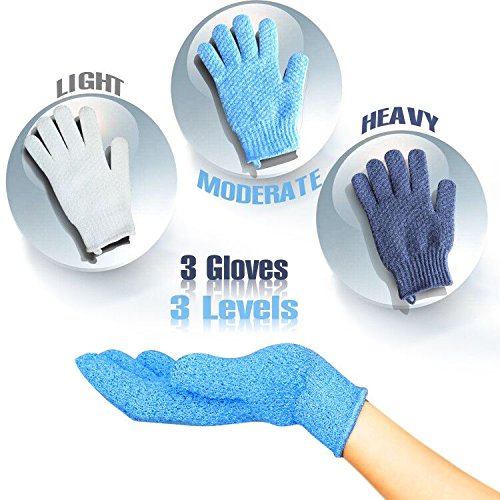 Evridwear Exfoliating Glove for Shower Men and Women, Dual Texture Bath Body Scrub Gloves Dead Skin Cell Remover for Home Spa, Massage, with Hanging Loop (3 Gloves Not 3 Pair)