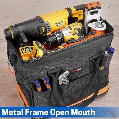 Wide Mouth Tool Bag, 16 Inch Heavy Duty Tool Bag with Waterproof Plastic Bottom, Multiple Purpose for Plumbers, Electricians, Handymen