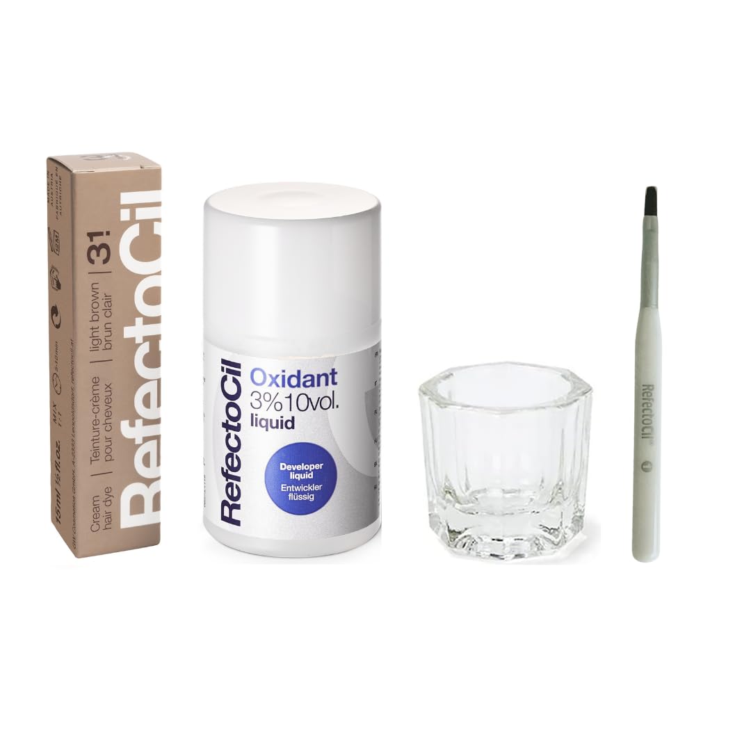 RefectoCil Light Brown (#3.1) Hair Tinting Kit Includes Cream Hair Dye + Liquid Oxidant 3% + Mixing Brush & Mixing Dish