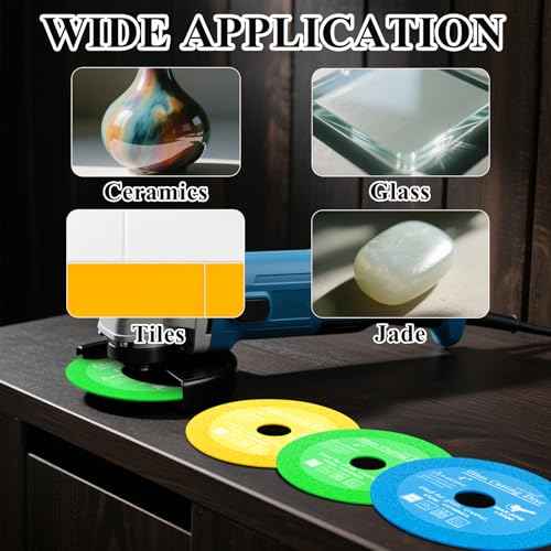 Lamoutor 3Pcs 4 Inch Glass Cutting Disc for Angle Grinder, Diamond Saw Blade, Tile Cutter Blade for Cutting Marble Glass Tile Jade Crystal£¨Green/Blue/Yellow£©