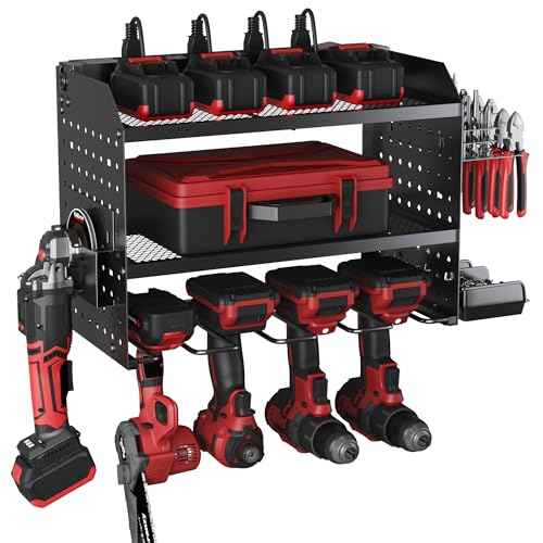 Power Tool Charging Station, Garage 4 Drill Power Tool Wall Organizer, Metal Hand Tool Storage Rack, Utility Racks, Cordless Drill and Battery Holder for Garage Organization, Gifts for Men Dad Husband