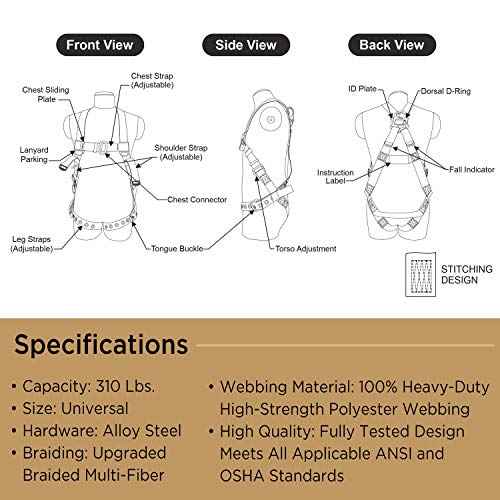 AFP Universal Full-Body Safety Harness w/Dorsal D-Ring Tongue Buckle Legs High-Viz Green, Shock Absorbing Lanyard (OSHA/ANSI)