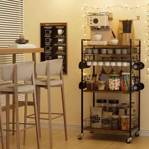 Coffee Bar Station with Storage Drawer - 5 Tier Coffee Table Countertop Organizer for K Cups, Tea Bags, Sugar Storage and Kitchen Cabinets (Brown)