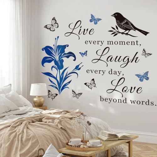 Motivational Wall Decal Quote Live Every Moment Laugh Every Day Love Beyond Words Wall Decals Family Inspirational Wall Stickers for Bedroom Living Room Window Decor Home Decor.(Blue)