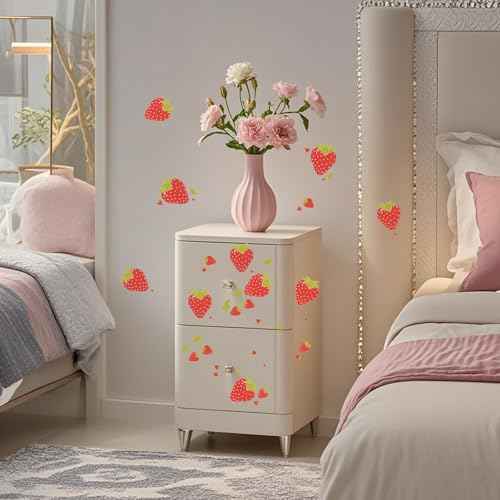 8 Pages 184 Pieces Strawberry Stickers Waterproof Strawberry Wall Stickers Removable Fruit Wall Decals for Girls Bedroom Dorm Dining Room Kitchen Bathroom Waterproof Decor (8, Red)