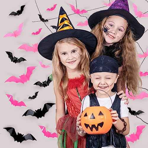 Whaline 224Pcs Halloween Wall Decoration 3D Bats with Foam Adhesive Black Pink Rose Red Waterproof Spooky Bats Stickers Hocus Pocus Party Supplies for Halloween Home Wall Window Door Decor, 4 Sizes