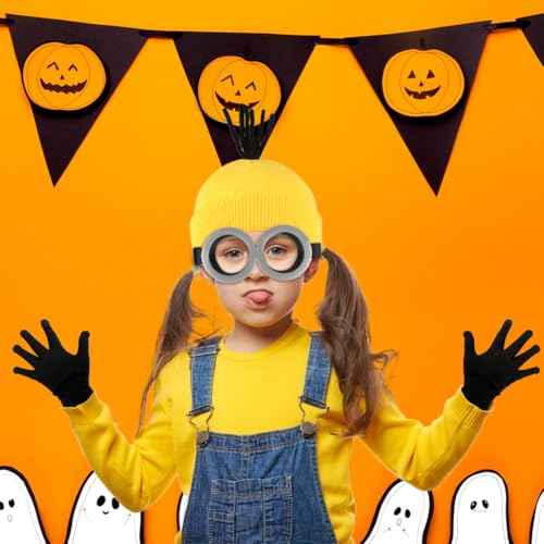 3Pcs Halloween Costume Accessories Adults Steampunk Goggles Glasses Yellow Beanie Hat Black Gloves for Men Women Halloween Cosplay Party