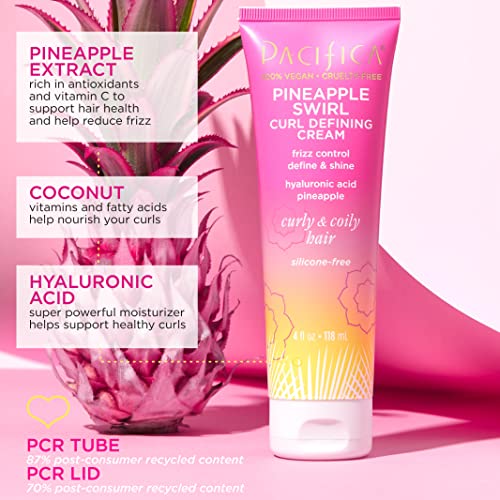 Pacifica Pineapple Swirl Curl Defining Cream – Bounce, Frizz Control & Curl Enhancer Styling Cream for Curly Hair & Wavy Hair – Coconut Oil & Hyaluronic Acid For No-Crunch Hold – Cruelty-Free – 4-oz
