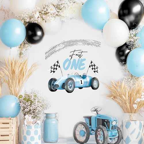 Fast One Birthday Racing Decal Race Car Checkered Flag Welcome Sign Decal Fast One 1st Birthday Backdrop Decorations for Boys Balloon Arch