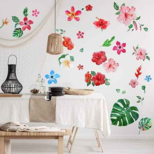 66 Pieces Large Palm Leaves Wall Decals Tropical Hibiscus Flower Peel Removable Stickers Green Plants Fresh Leaves Stickers for DIY Bedroom Living Room Office Bathroom Wall Corner