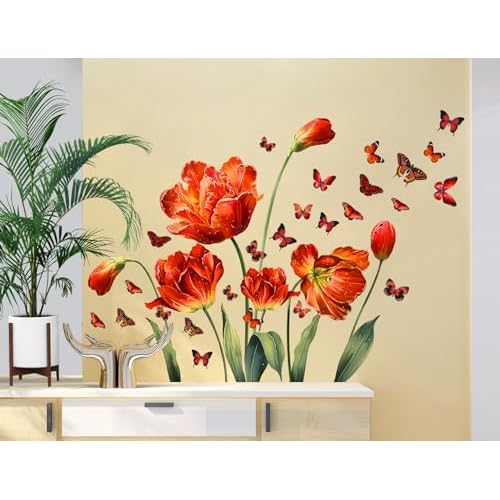 LiveGallery Large Pink Red Flowers Wall Stickers Removable Floral and Butterfly Wall Decal DIY Tulips and Green Leaf Vine Wall Decor for Kids Teens Girls Women Bedroom Nursery Living Room Decoration