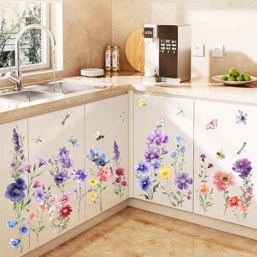 9 Pieces Flowers Wall Decals Flower Decals for Walls Vinyl Flowers Wall Stickers Peel and Stick Removable Butterfly Spring Floral Wall Decals Wall Art Decals Decor for Girls Bedroom Living Room