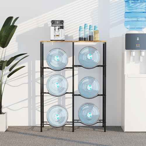 5 Gallon Water Jug Holder, Water Jug Stand with Storage Rack, 3-Tiers Water Dispenser Stand, Water Bottle Stand for Kitchen, Office, Living Room, Brown