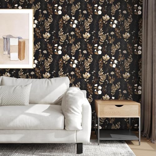 Black Floral Wallpaper Peel and Stick Gold Leaf Contact Paper Leaf Wallpaper Waterproof Self-Adhesive Wall Covering for Bedroom Countertop Desk Cabinets Decor 17.4" x 78"