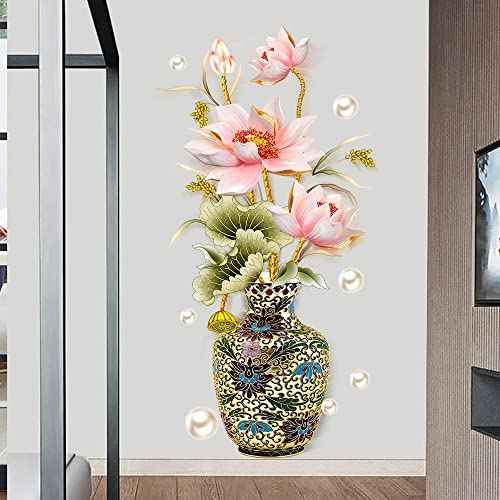 Chinese Style Lotus Flower Classical Vase Wall Sticker Pearl Living Room Art Wall Decals Home Entrance Backdrop Decoration