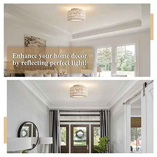 Rattan Light Fixtures Ceiling Mount, 3-Lights Boho Flush Mount Ceiling Light, Hand-Woven Cage Shade Lamp Lighting, Rustic Rattan Chandelier for Hallway Bedroom Kitchen Farmhouse Foyer Entryway (White)