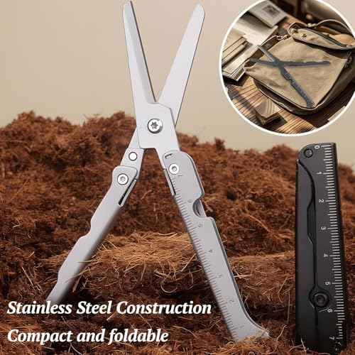 Compact 2-in-1 Foldable Scissors with Measuring Ruler - Stainless Steel, Lightweight, Portable for EDC, Camping, Survival, and Outdoors (Silver)