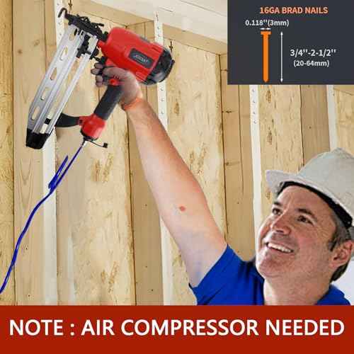 Pnumatic Finish Nailer,16Gauge nail Gun Acepts 3/4 Inch up to 2-1/2 Inch finish Nails.Brad Nailer Gun Can Hit Hardwood Ideal for Upholstery, Woodworking Door (Include portable bag)