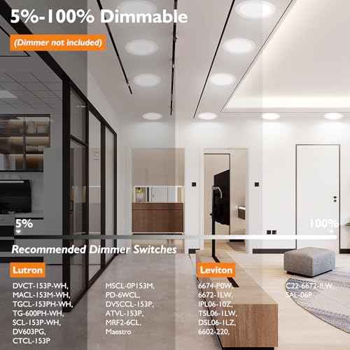 BesLowe 6 Packs 8 Inch 5CCT LED Recessed Ceiling Lights Ultra-Thin with Junction Box, 12W 150W Eqv, 3000K/3500K/4000K/5000K/6500K, 1200LM Dimmable Canless Downlights for Kitchen Hallway Dining Room