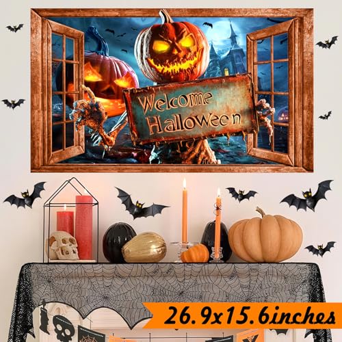 Halloween Decorations Stickers for Wall Spooky Pumpkin Bats Decals Scary Fake Window Wall Decal Peel and Stick Indoor Halloween Decor Monster Vinyl Art Mural for Living Room Haunted House Party Supply