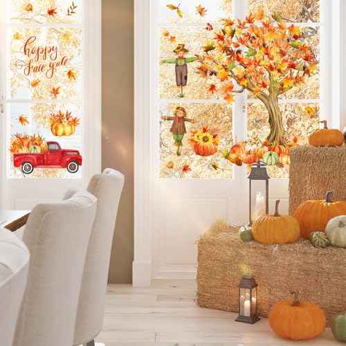 Thanksgiving Fall Wall Decals Autumn Maple Leaves Scarecrow Pumpkin Truck Thanksgiving Removable Sticker Cute Fall Wall Mural Art for Classroom Bedroom Decor