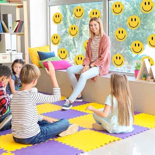 9 Sheets Preppy Smile Wall Stickers Yellow Happy Face PVC Decorative Wall Decals Mural Vinyl Self-Adhesive Wall Decor for Home Classroom Nursery Party Supplies, 7.9 x 11.8 Inch