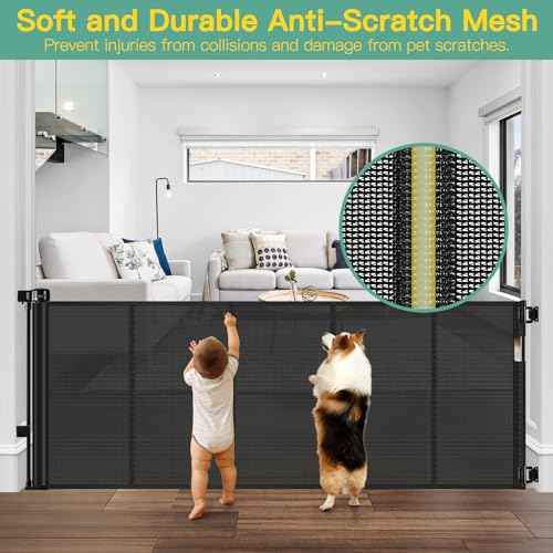 Reinforced 60" Wide Retractable Baby Gates with Upgraded Rods - Bottom Anti-Escape, 5 ft Mesh Baby Gate Retractable Dog Gate Indoor Pet Gate Retractable Stair Gate Outdoor Retractable Gate, Black