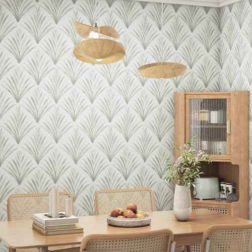 Modern Peel and Stick Wallpaper Geometric 17.3''¡¿78.8'' Leaf Wall Paper Light Green/White Wallpapers Boho Self Adhesive Removable Wallpaper Bedroom Contact Paper for Cabinets and Drawers Decor Vinyl