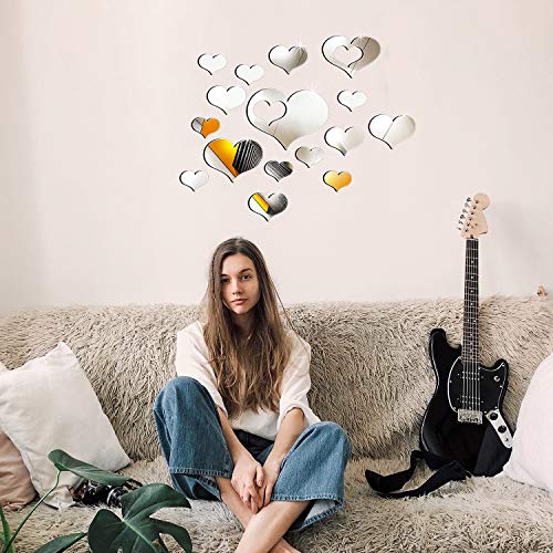 Shappy 33 Pcs Removable Acrylic Heart Mirror Wall Sticker Love Heart Mirror Tiles Decal for Home Bedroom Living Room Bathroom Kitchen Wedding Decor