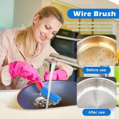 2 Pack Stainless Steel Wire Brush, Wire Brushes for Cleaning, Heavy Duty Wire Scratch Brush, 6.3" Hand Scrub Brush with Curved Grip Handle, for Cleaning Rust, Paint, Welding