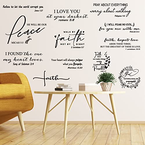 12 Styles Bible Verse Wall Decals Inspirational Decals Peel and Stick Vinyl Christian Stickers Prayer Wall Decor Butterfly Quotes Decor Art Sticker for Bedroom(Black)