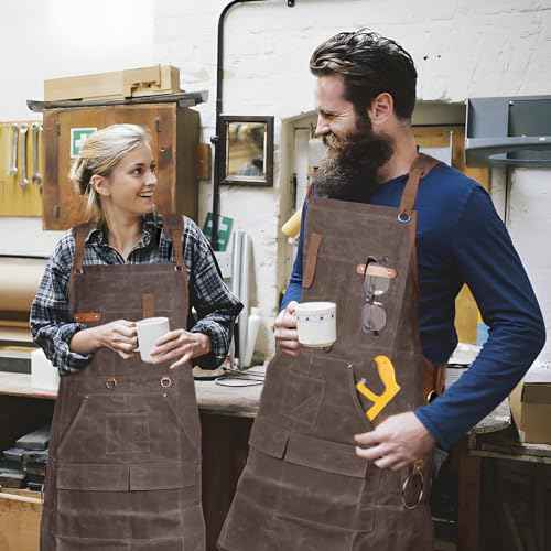 Waxed Canvas Woodworking Apron - 22oz Carpenter Apron for Men and Women, Shop Aprons with 9 Pockets & Cross Back Straps