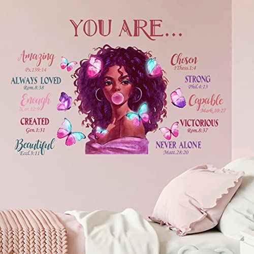 Mfault Black Girl Magic You are Beautiful Wall Decals Stickers, African American Nursery Decor Positive Saying Religious Bedroom Art, Inspirational Afro Butterfly Kids Teens Room Home Decorations