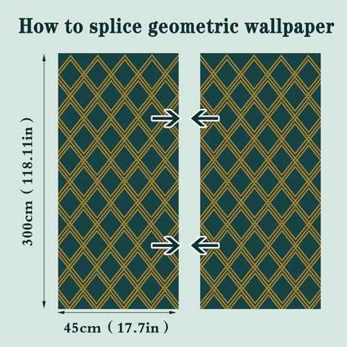 Ohmywor Peel and Stick Wallpaper Dark Green and Gold Wallpaper, Diamond Geometric Wallpaper Contact Paper, Self Adhesive Removable Decorative Trellis Wall Covering Vinyl 17.7"x118"