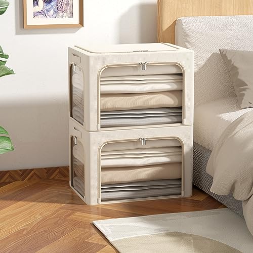 3Pack Clothes Storage Bins - Oxford Frame Storage Box Foldable Stackable Storage Organizer with 3 Openings Design, Metal Frame, Clear Window, Carry Handles (36L-15.7 * 11.8 * 11.8in, Beige)