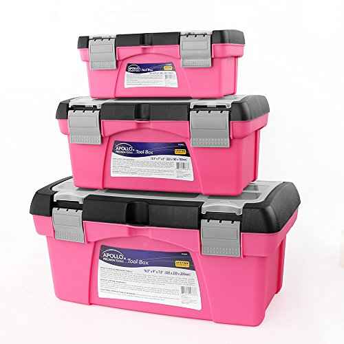 Apollo Tools Set of 3 Pink Stackable Tool Boxes with Top Compartment and Removable Trays for Crafts, Tool Storage - Pink Ribbon - DT5005P