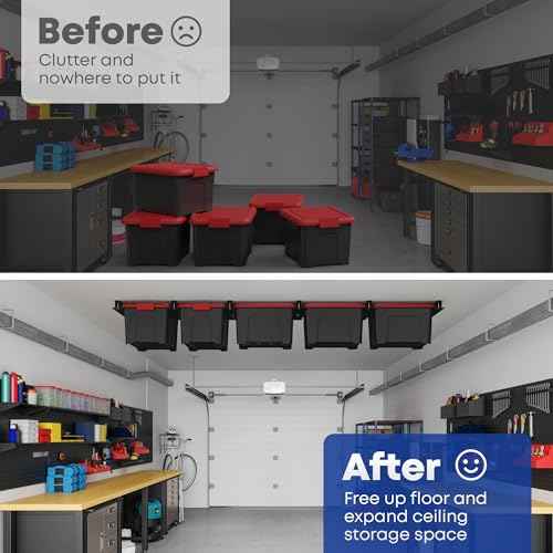 Overhead Garage Storage Rack, Garage Ceiling Storage Racks, Heavy Duty Storage Bin Ceiling Rails for 27 Gallon Totes£¬Tote Storage Rack System -Black (3 Sets for 2 Bins)