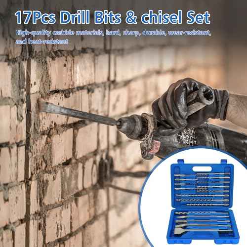17Pcs SDS Plus Rotary Hammer Drill Bit Set,Concrete Drill Bit Kit with Point Chisel,Flat Chisel,Cross Type Double Thread Carbide Material for Concrete,Bricks,Tiles,Stone and Glass