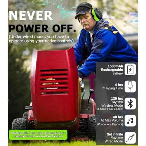 PROHEAR 037 Bluetooth 5.3 Hearing Protection Headphones with Rechargeable 1500mAh Battery, 30dB SNR Safety Noise Reduction Ear Muffs 120H Playtime for Mowing, Workshops, Snowblowing - Green