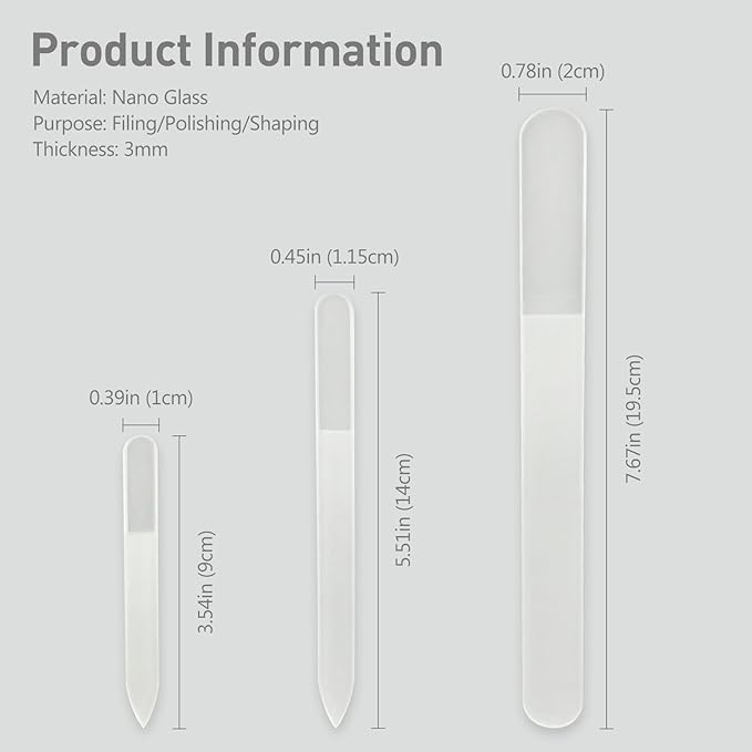 Professional 3-Piece Czech Glass Nail File Set - Handmade, Tempered Glass Files - Double-Sided, Washable, Etched for Natural Nails, Ideal Present Set