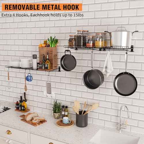 2 Pack Foldable Wall Shelf, Wall Mounted Garage Storage Shelves, Heavy Duty Wall Shelving Supports Up To 90 LBS. Floating Shelves With 4 Hooks Metal Storage Rack for Office, Kitchen and Laundry Room