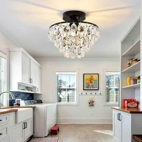 YYJLX Indoor Motion Sensor Ceiling Light Fixture Modern Cryatal Semi Flush Mount Ceiling Light Black Ovrehead Light Fixture for Porch Hallway Front Entryway Kitchen Hall Garage.