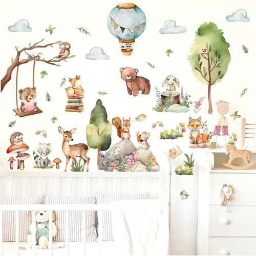 Woodland Animal Wall Stickers Jungle Forest Animal Wall Decals Cartoon Animals Wall Decals Peel and Stick Cute Balloon Cloud Tree Animals Wall Stickers for Nursery Kids Room Playroom Decor