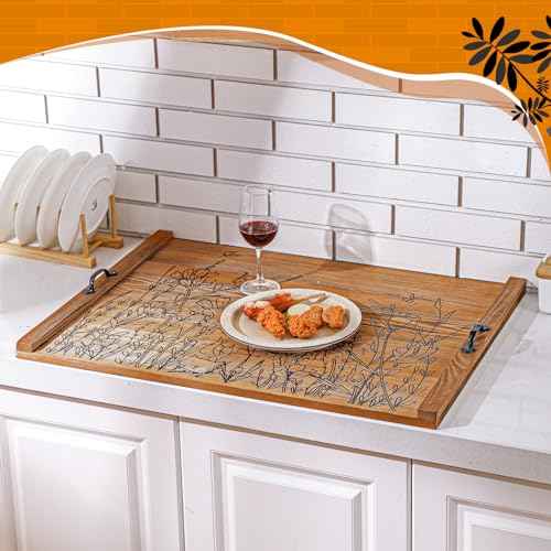 Wooden Noodle Board Stove Top Cover with Handles for Electric Stove 30" x 22" Pine Wooden Stoves Cover for Gas Burners Decorative Tray for Kitchen Counter Space