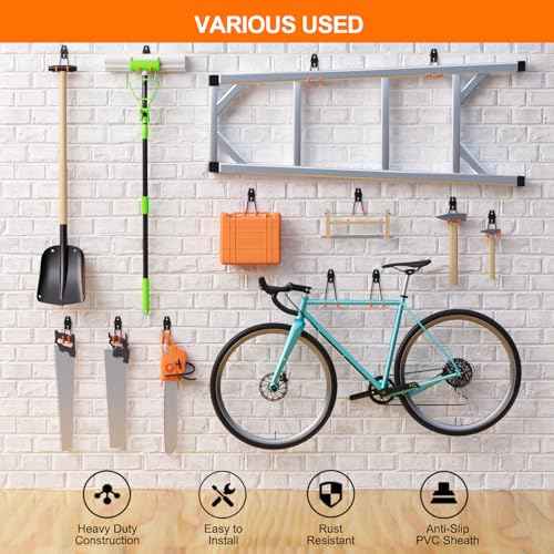 12 Pack Garage Hooks Heavy Duty, Wall Mount Utility Hooks with Extension Cord Straps, Anti-Slip Coating for Bike, Ladder, Hose, Ropes, Garage Organization, Includes Screws