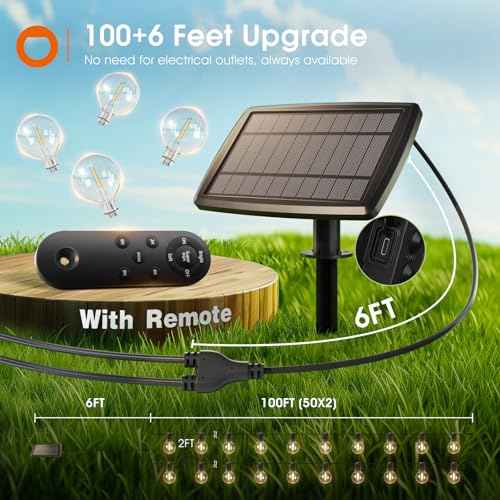 addlon 106FT(100+6) Solar String Lights with Remote, 54 Shatterproof G40 Bulbs, Commercial Grade Solar Powered Outdoor Light, Dimmable Waterproof Solar Lighting Outdoor for Garden Backyard Party Decor
